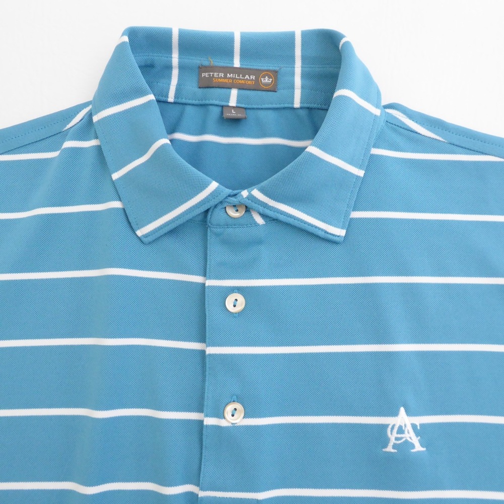 Peter Millar Mens Polo Golf Shirt Blue Striped Summer Comfort Polyester Large